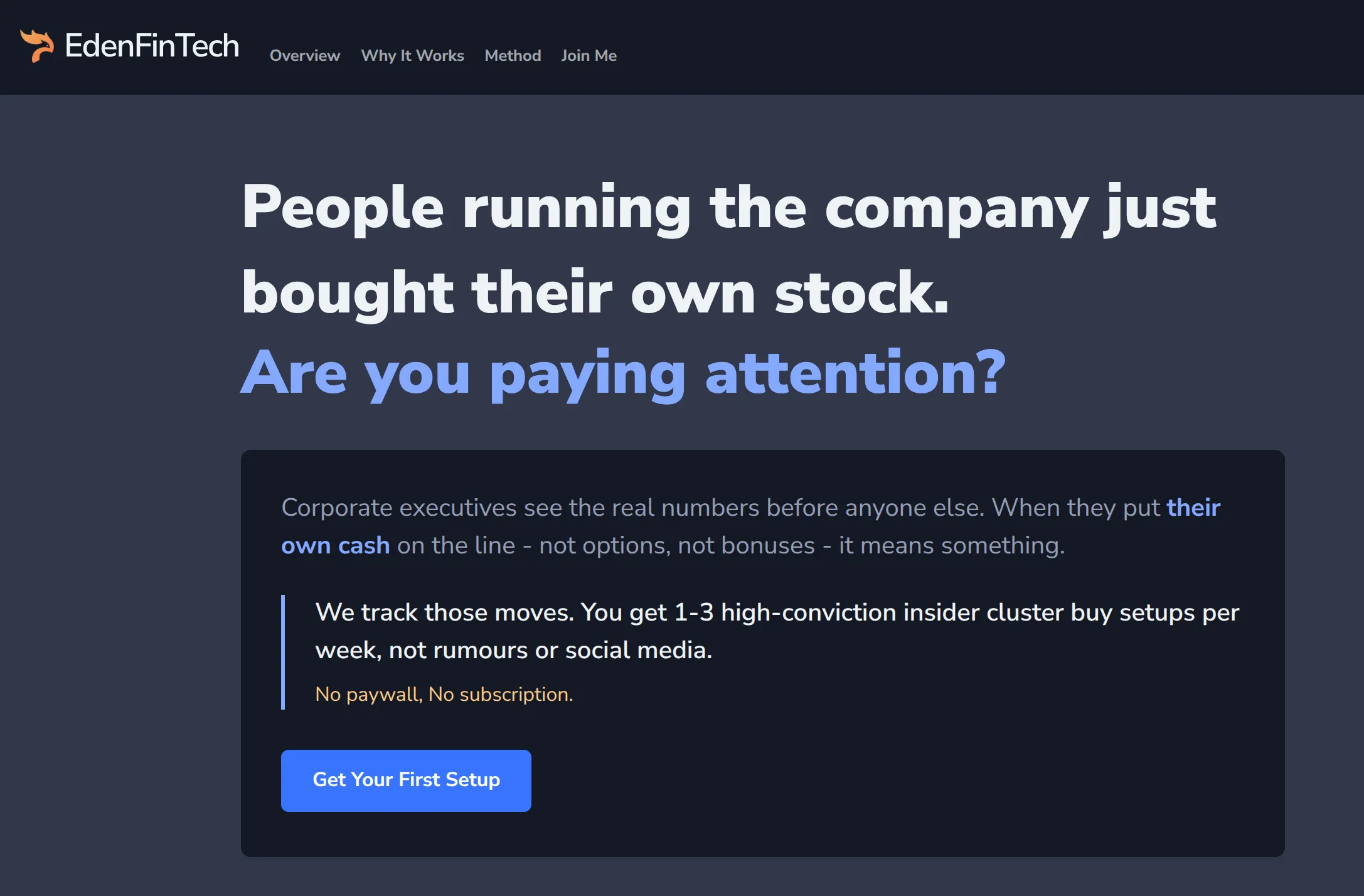 edenfintech.com landing hero: "People running the company just bought their own stock. Are you paying attention?"