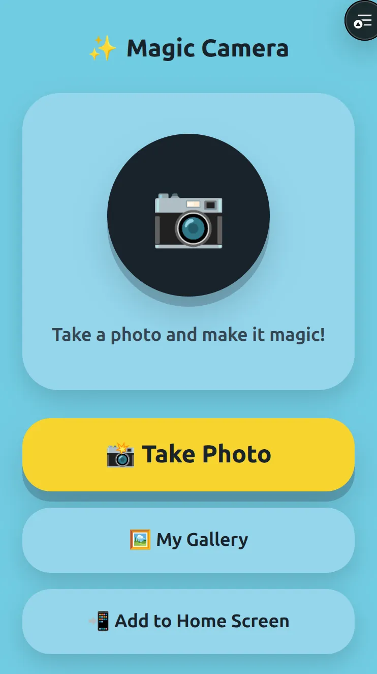 The Magic Camera home screen: one big Take Photo button, a gallery, and Add to Home Screen