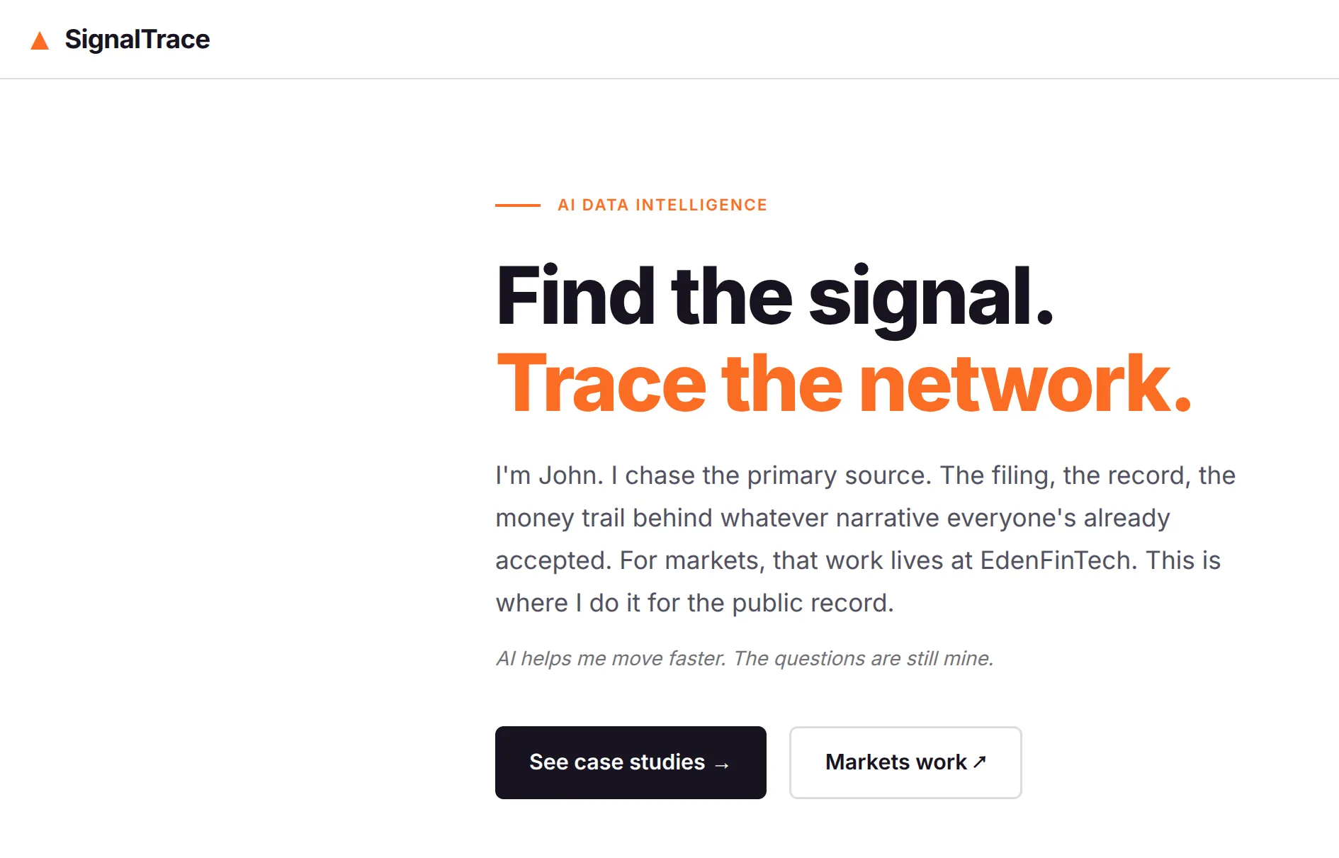 SignalTrace landing hero: "Find the signal. Trace the network."